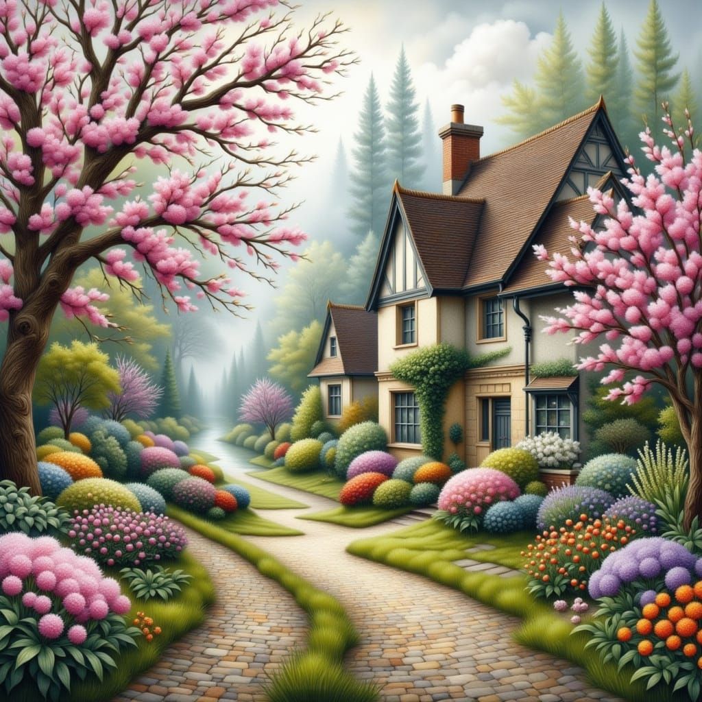 Misty English Village Street in Quilted Embroidery Style