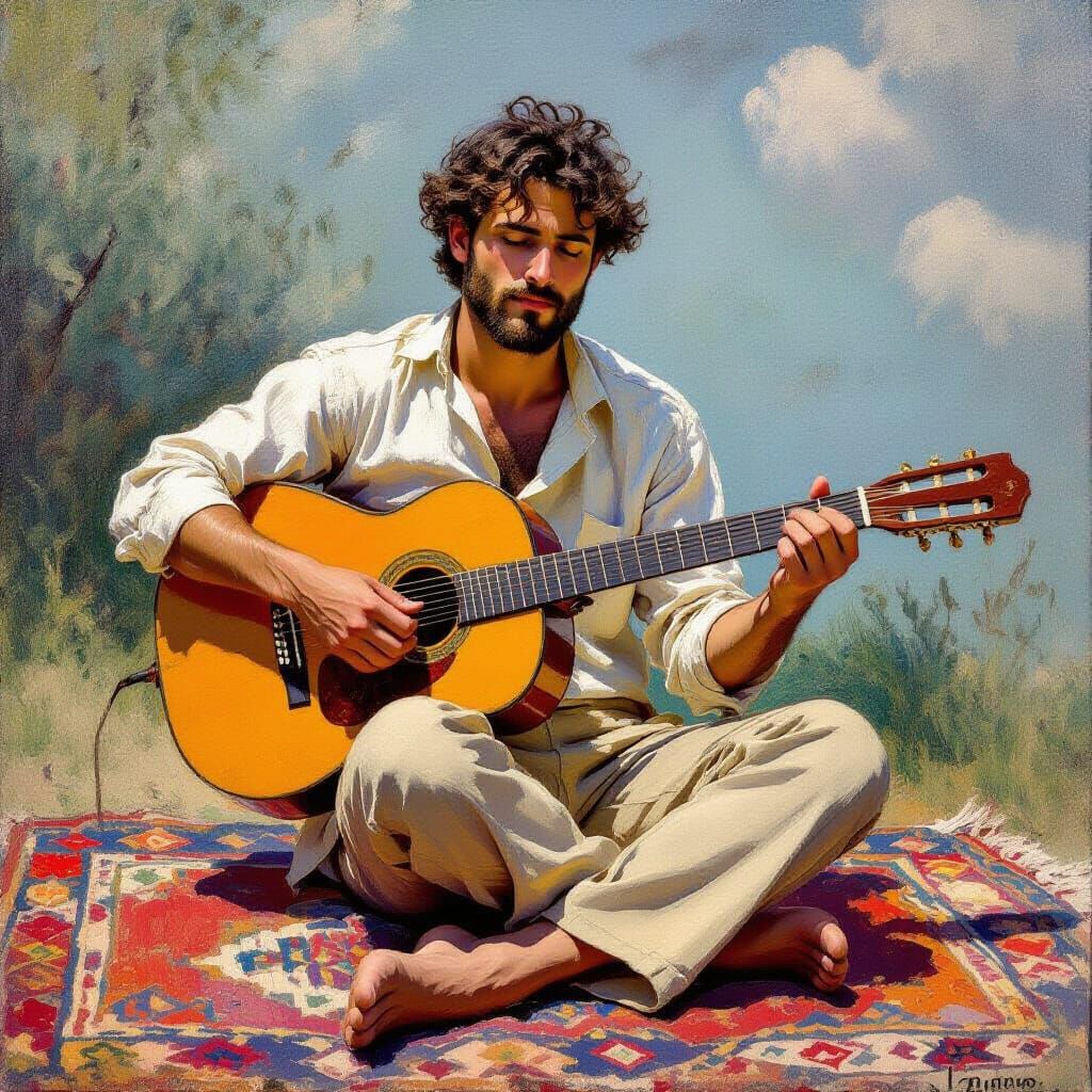 Elegant Man Playing Guitar, Impressionist Style