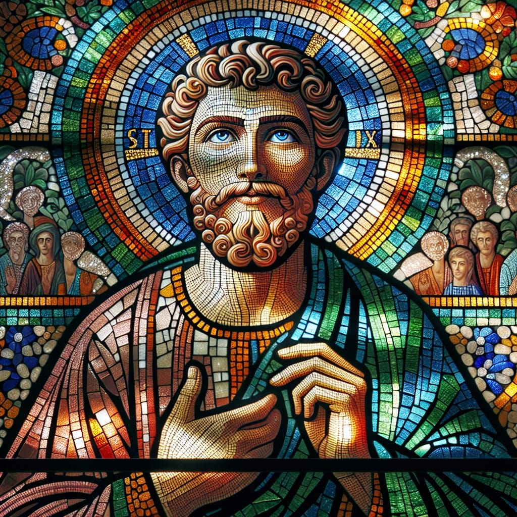 the mosaic of the church window depicts a saint with a merciful face