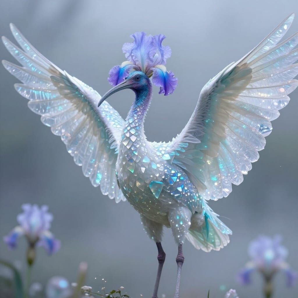 Ibis Crystal Iris Creature in Fantasy Landscape