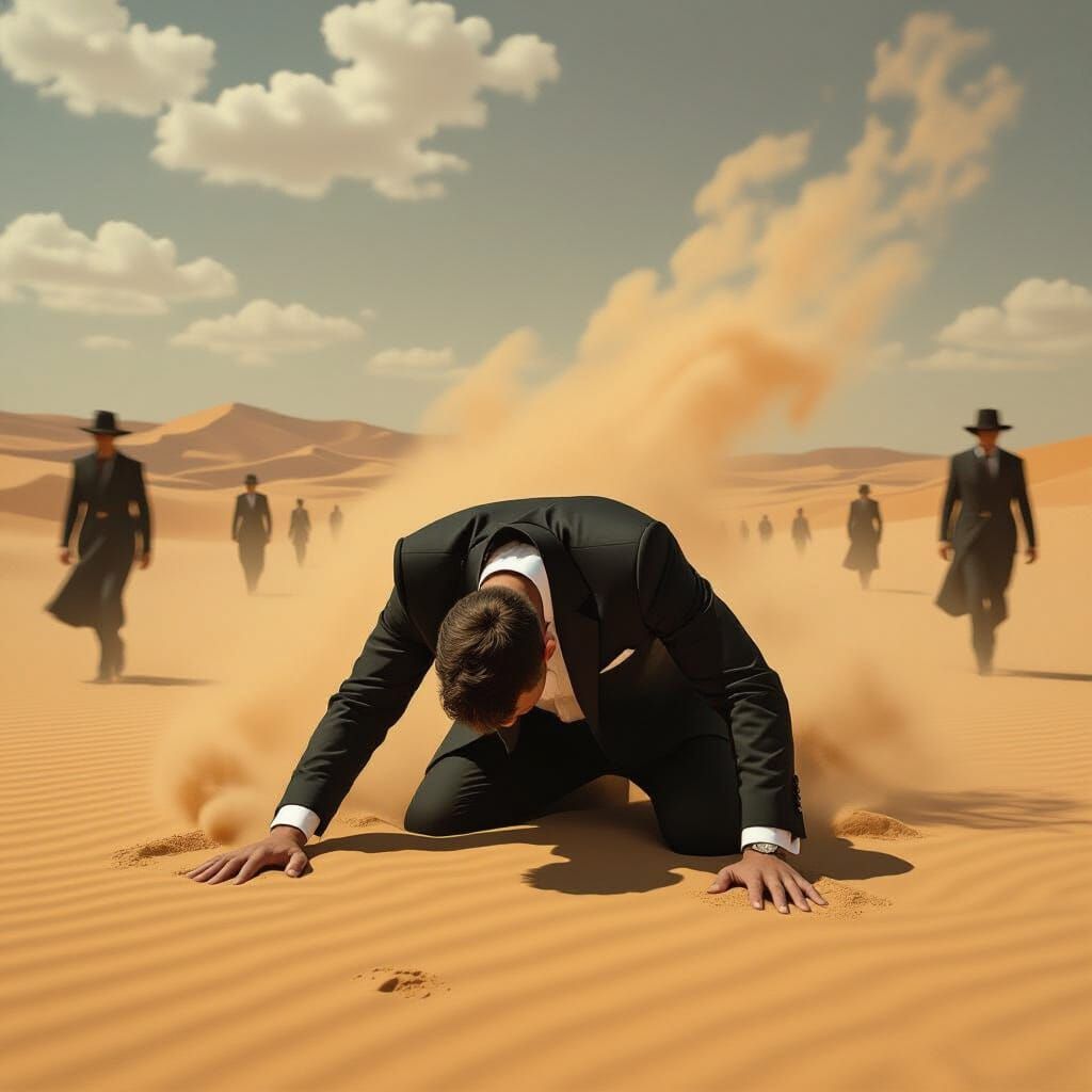 Surreal Desert Scene: Man Buried in Sand, Dramatic Lighting