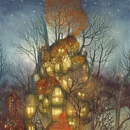 Autumn Trees Meet Winter Landscape in Surreal Style