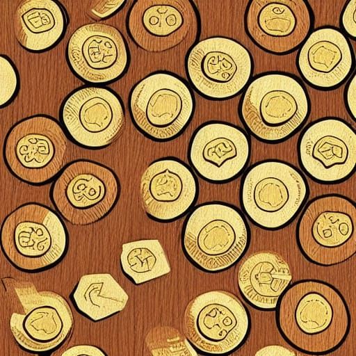 wooden floor cover many golden coins, in color pencil sketch...