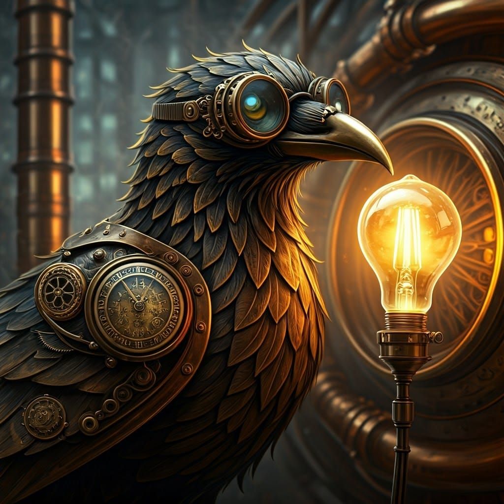 Steampunk Crow Holding Glowing Light Bulb