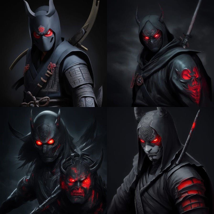 Ninja Master in Stealthy Battle Stance with Oni Mask