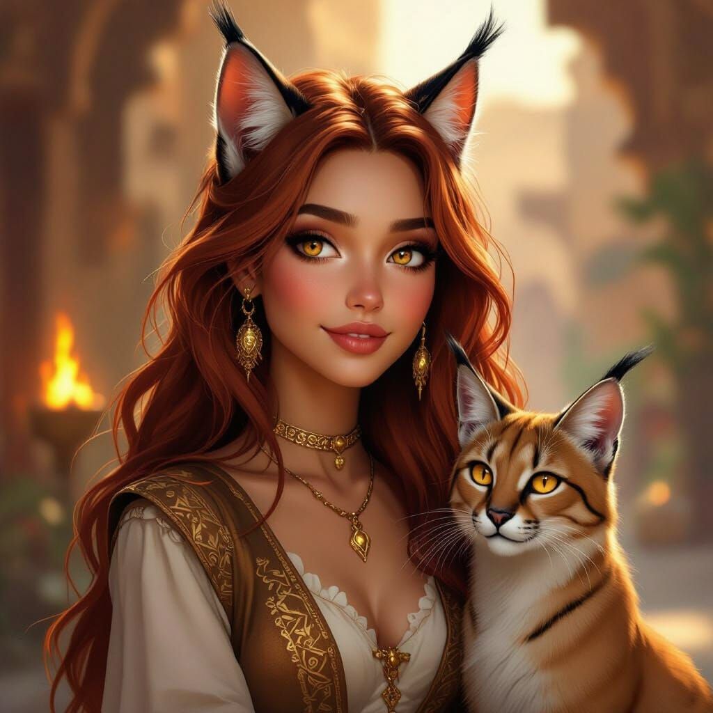 Anthropomorphic Woman with Caracal Cat in Firelight Digital ...