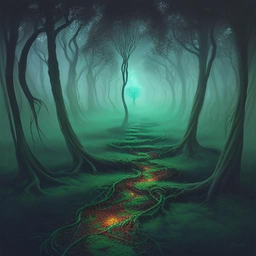 Mystical Agatha Harkness in Surreal Glowing Forest