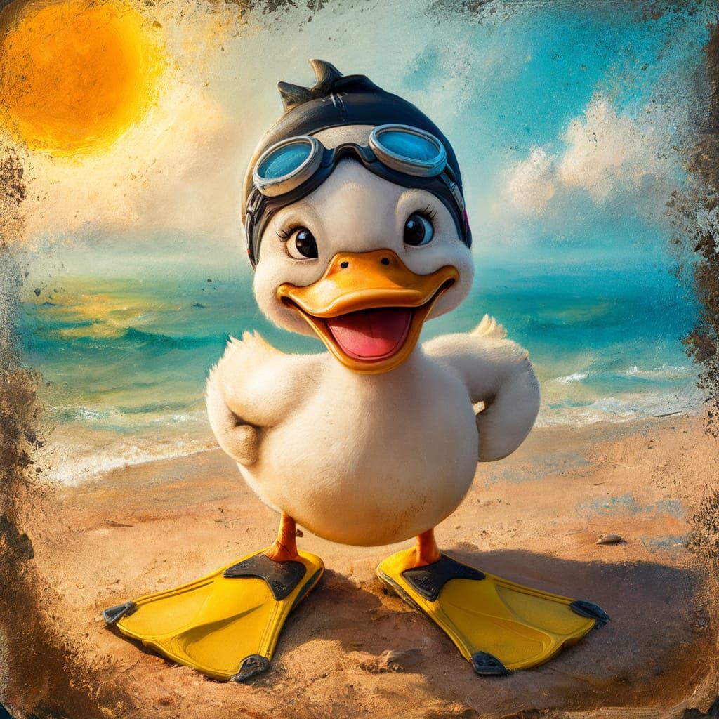 Cartoon Duck with Goggles on Sunny Beach