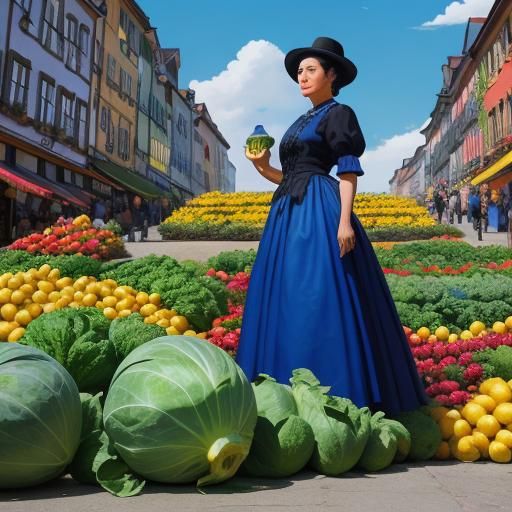 Cabbage Seller in Naive Art Style Market