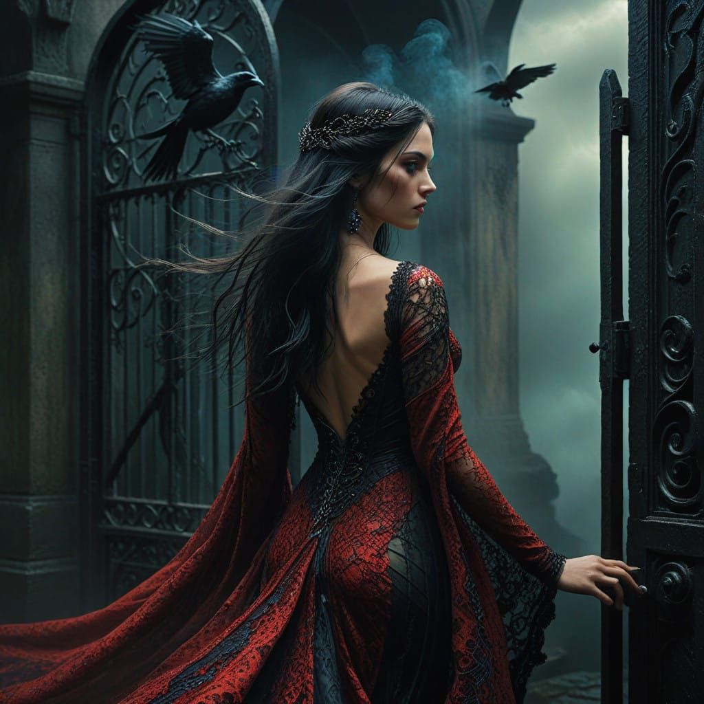 Mysterious Dark Fantasy Sorceress at a Haunted Gate