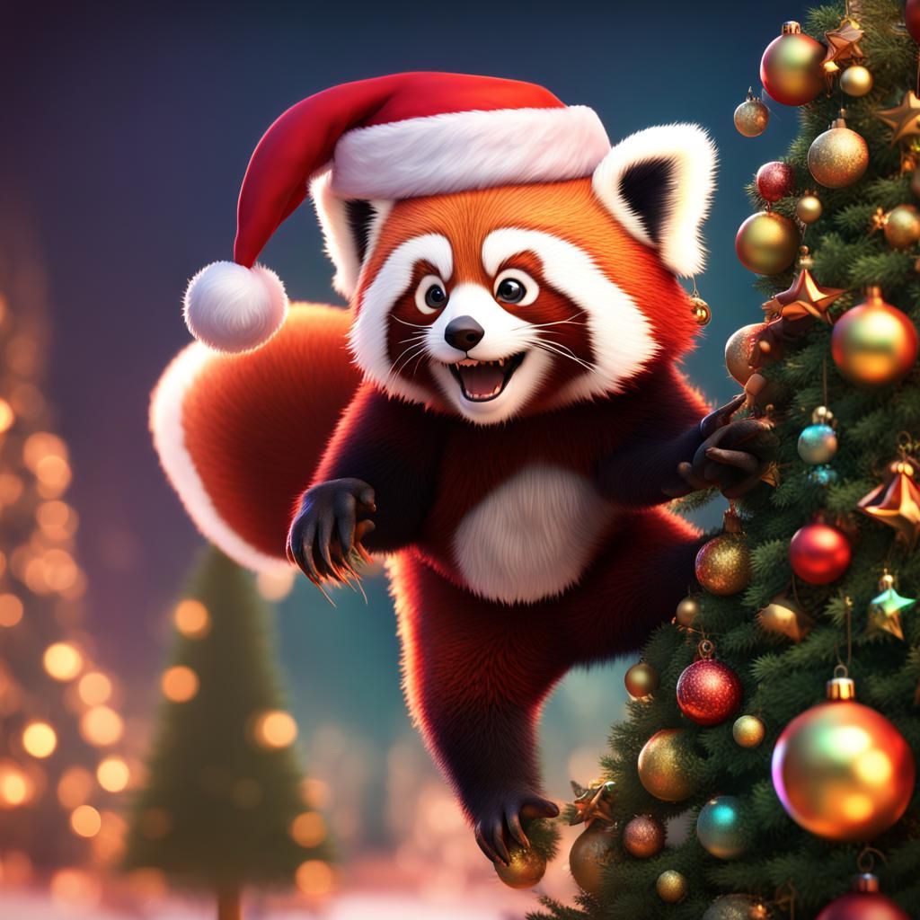 Red Panda in Santa Hat Climbing Christmas Tree