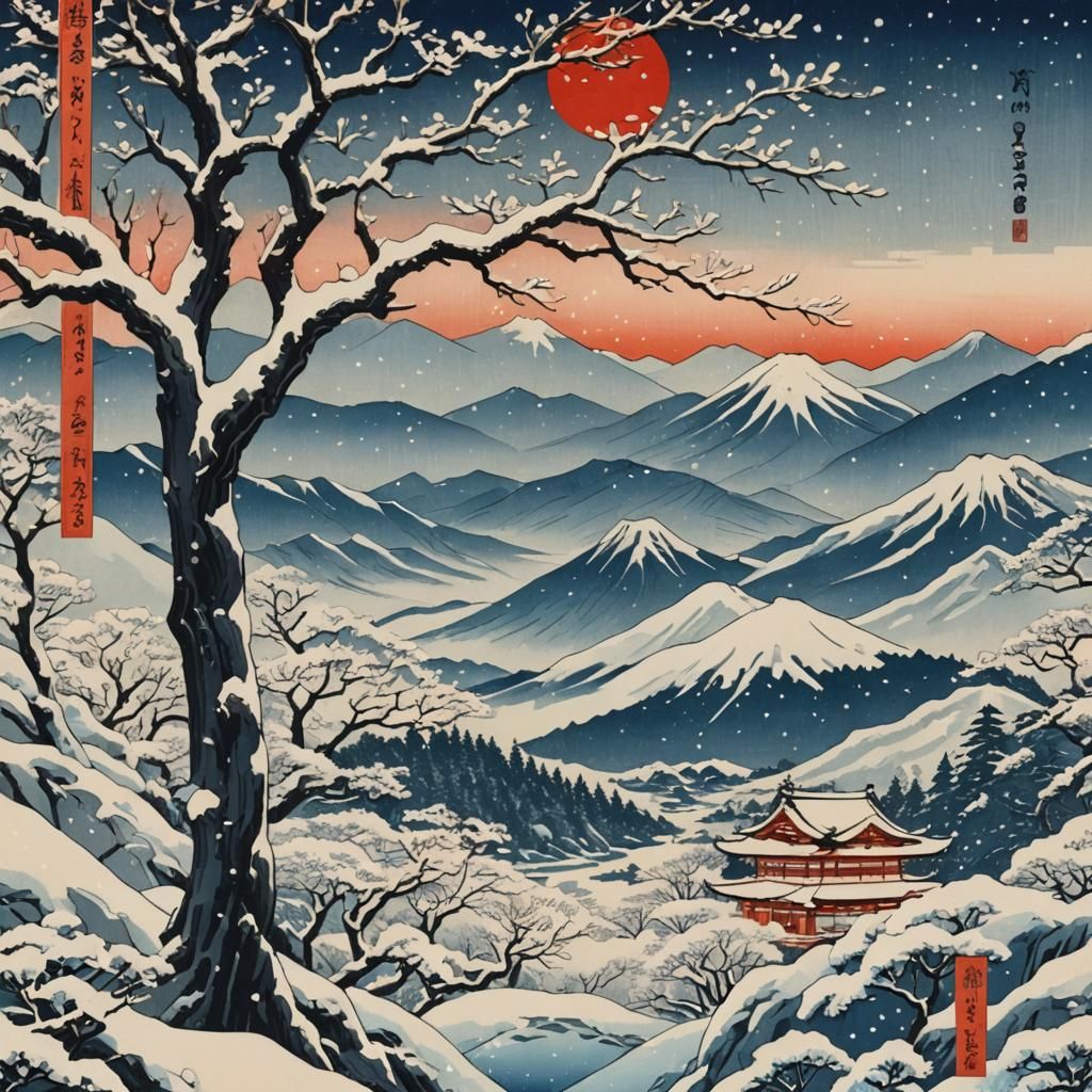 Ukiyo-e Woodblock Print of Snowy Mountains