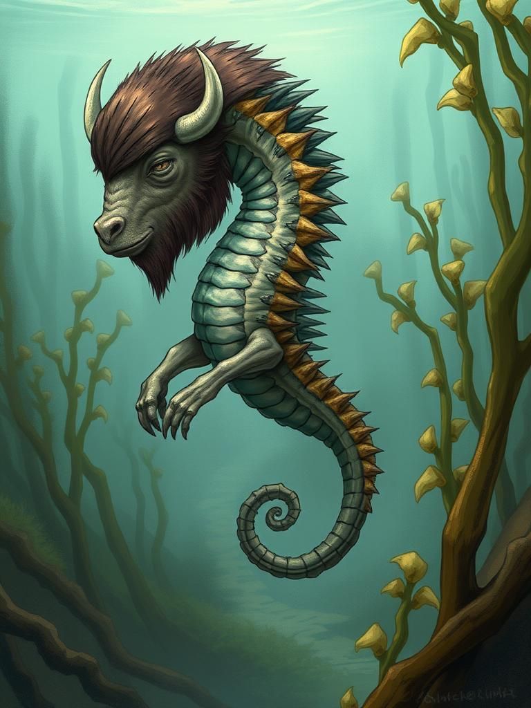 Hybrid Bison Seahorse in Kelp Forest