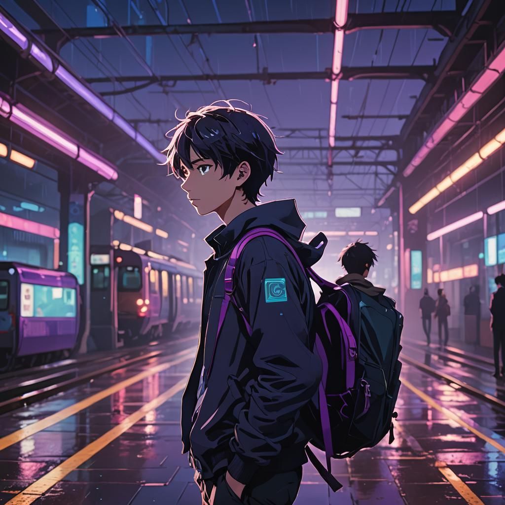 Anime Boy at Deserted Train Station in Neon Noir