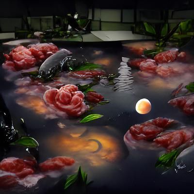 Moonlit Koi Pond with Floating Roses