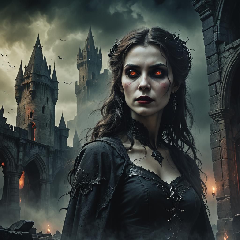 Vampire Lady in Ruined Castle: Dark Fantasy Art