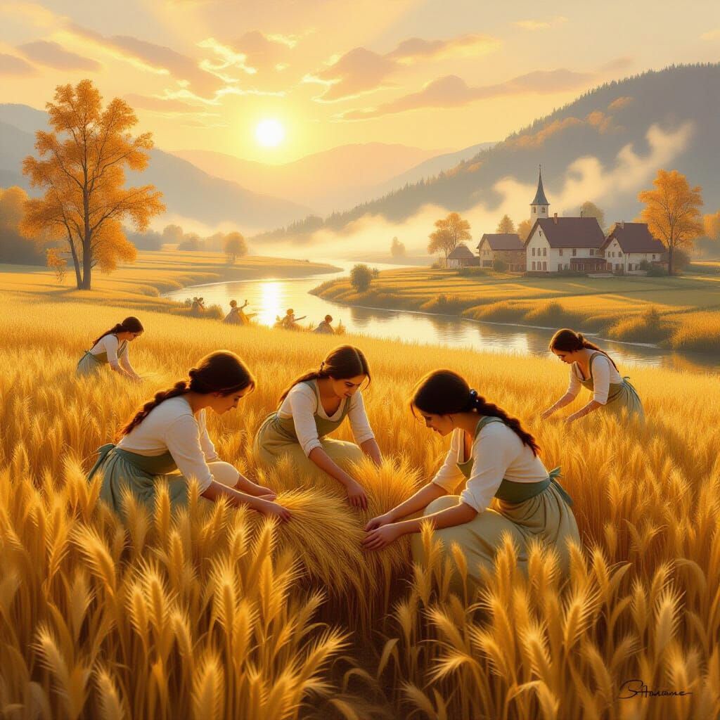 Ethereal Autumn Harvest Landscape with Women