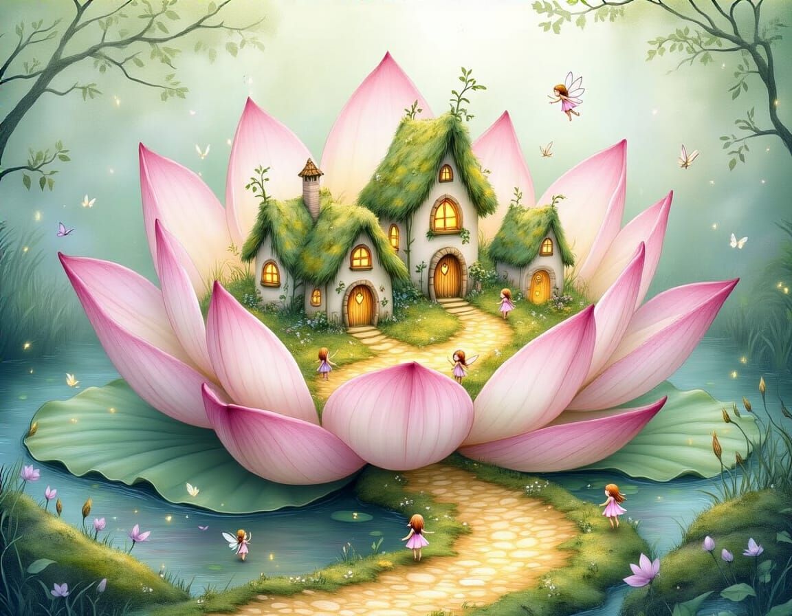 Whimsical Fairy Village in Giant Lotus