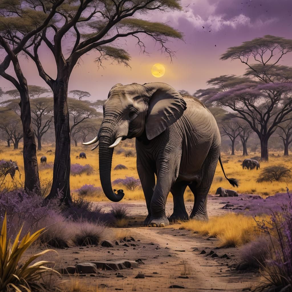Etched Elephant in African Savanna, Digital Matte Painting