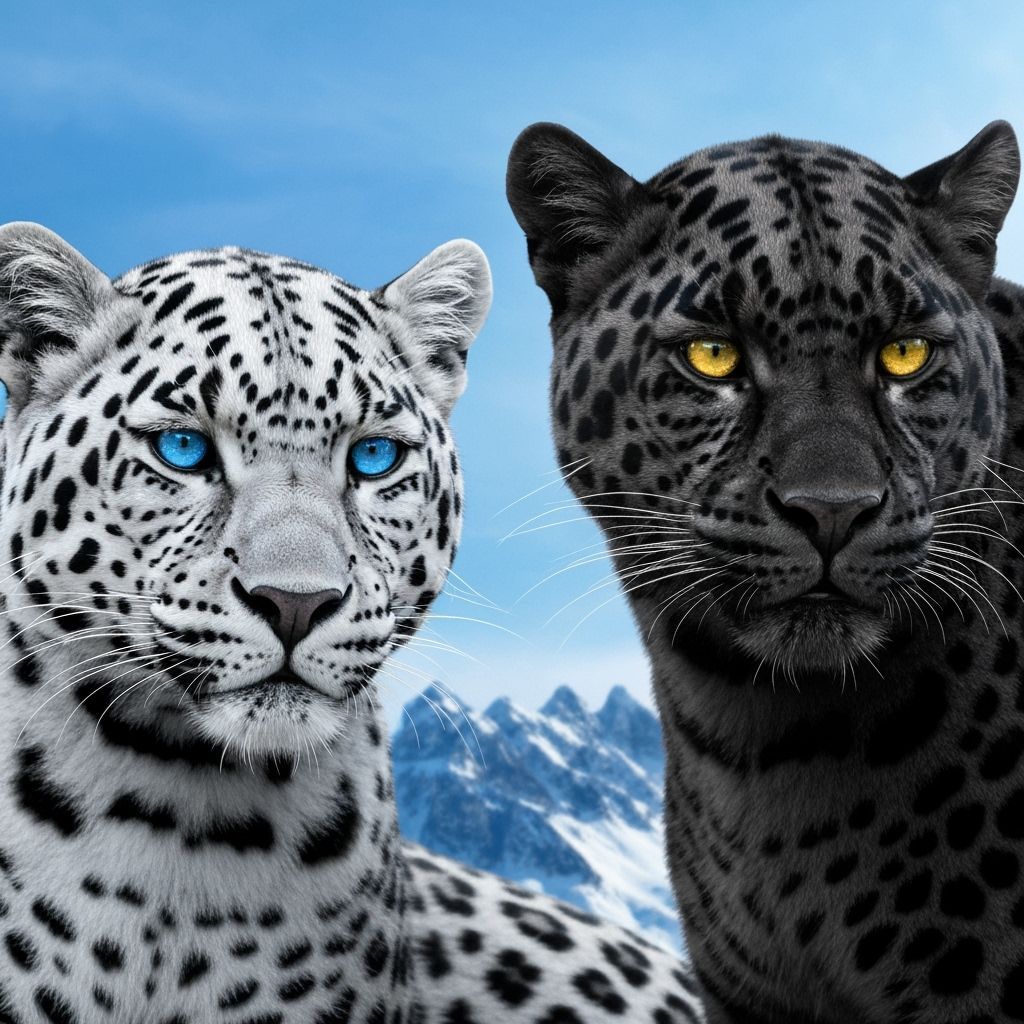 Silver and Black Leopards in Snowy Mountain Macro Photo