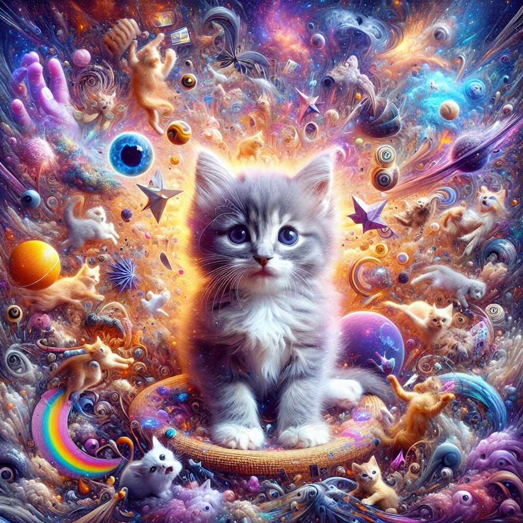 Whimsical Kitten in Vibrant Cosmic Landscape