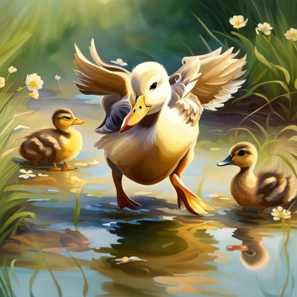 Mother Duck and Ducklings in Meadow