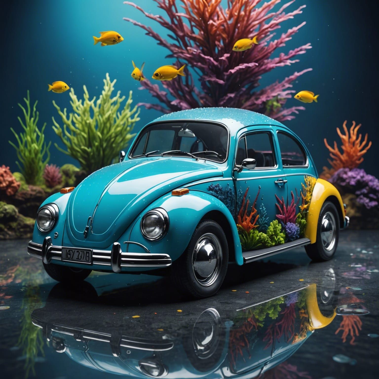 Aquarium Volkswagen Beetle in Splash Art Style
