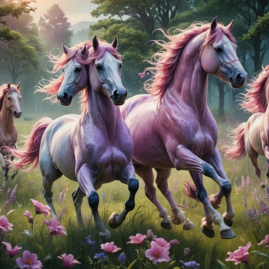 Pink Horses Galloping in Lush Meadow: Fantasy Art