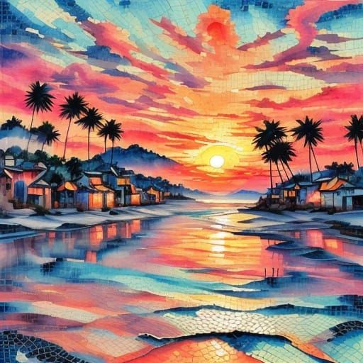 Dreamlike Village Beachscape in Watercolor and Neon