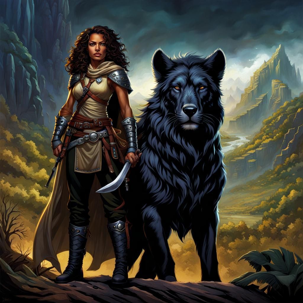 Fantasy Ranger and Beast Companion in Dark Fantasy Style