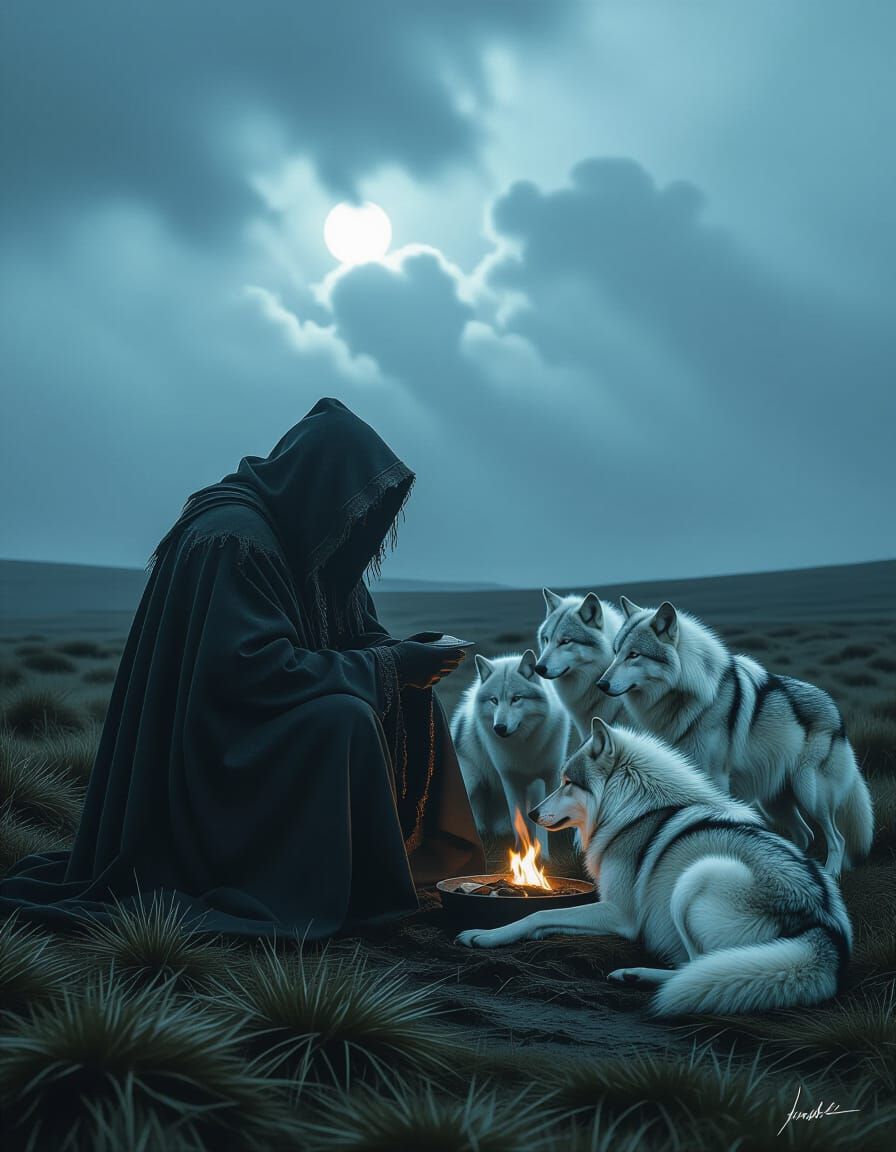 Gothic Fantasy Scene: Cloaked Figure Feeds Spectral Wolves