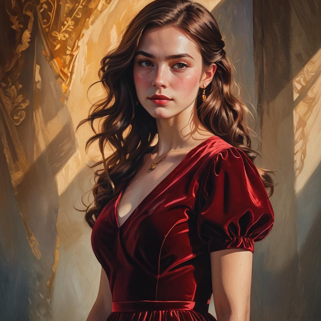 Woman in Red Velvet Dress: Fantasy Oil Painting