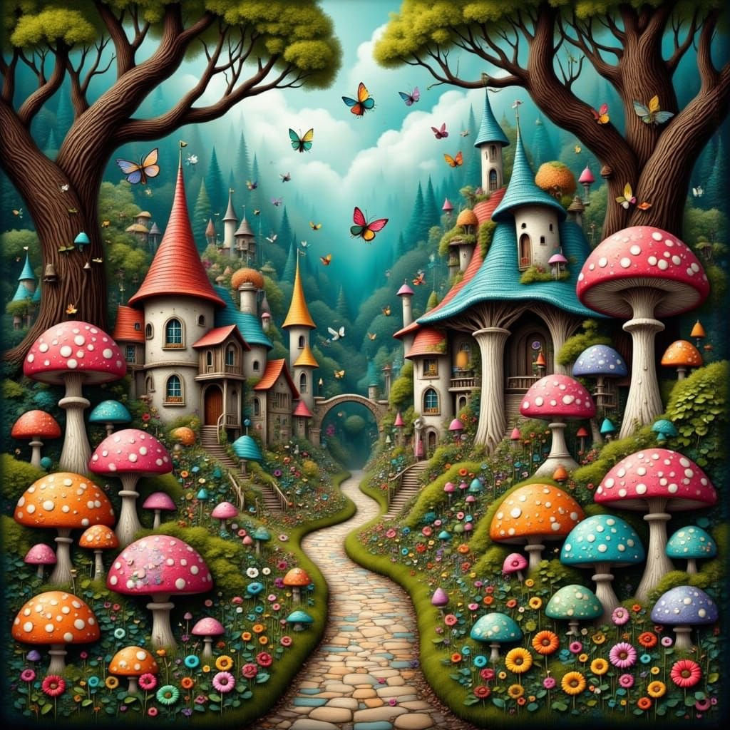 Whimsical Village in Magical Forest, Storybook Style