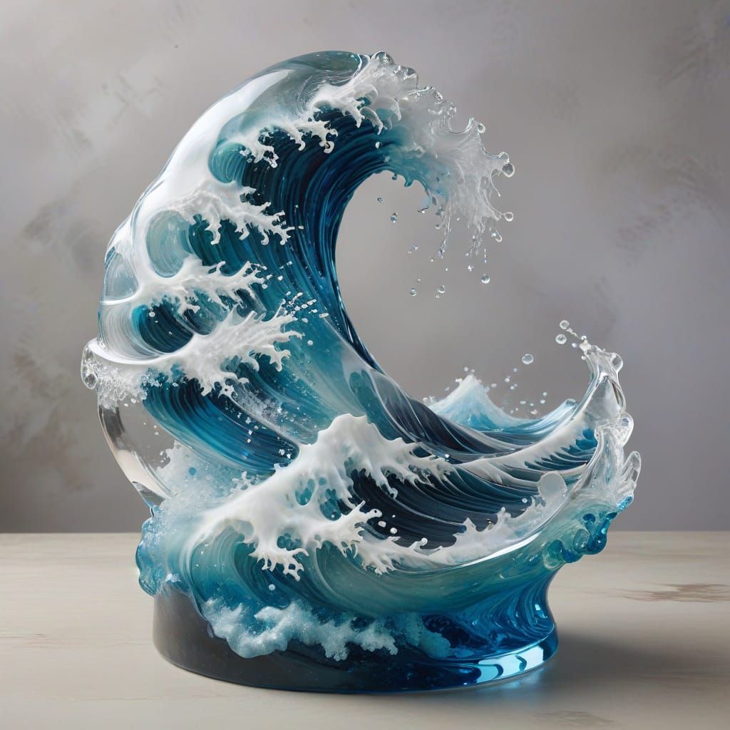 Effervescent Glass Statue Riding the Great Wave