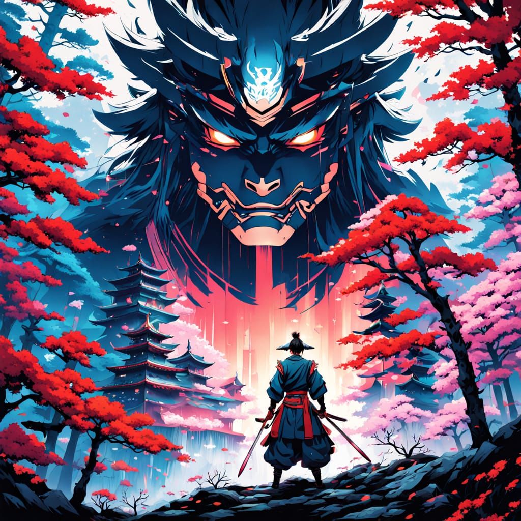 Ethereal Samurai in Vibrant Cherry Blossom Haze