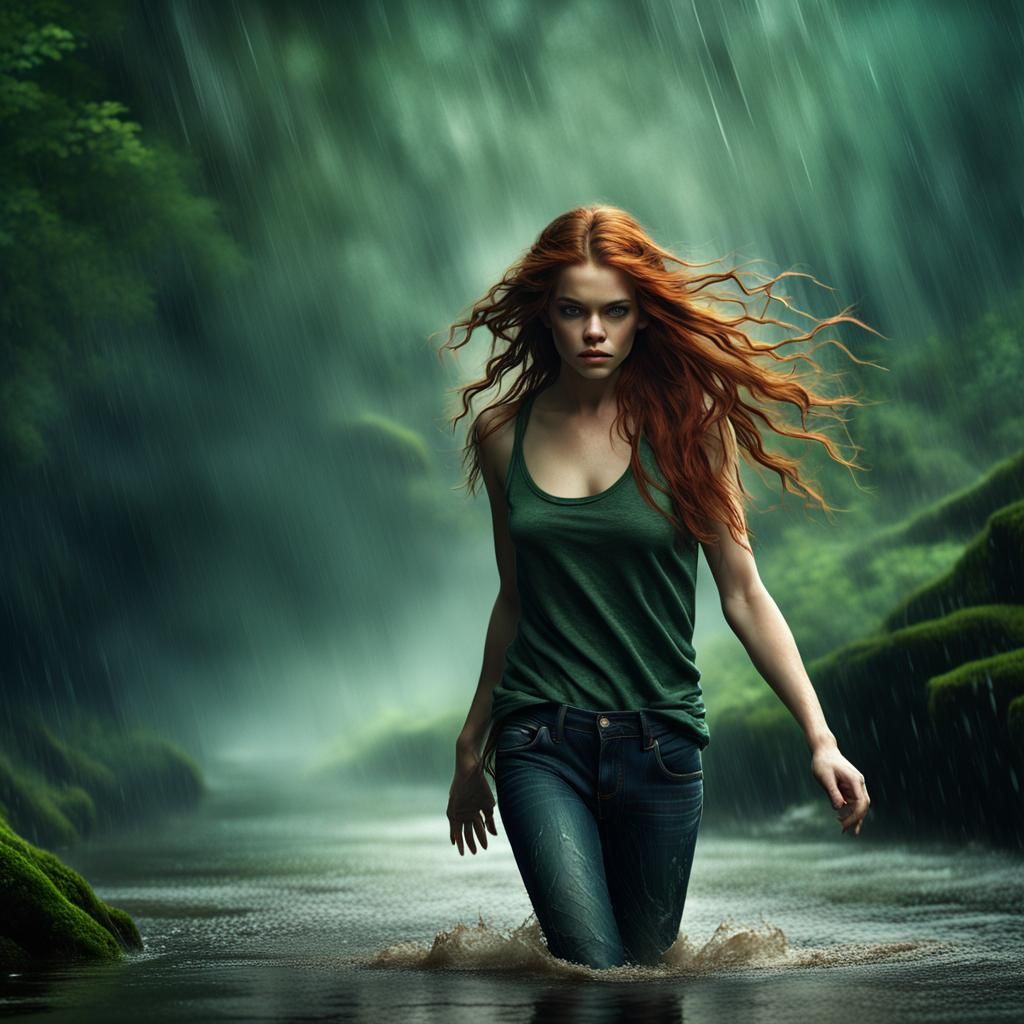 Redhead Woman Running in Rainy Forest