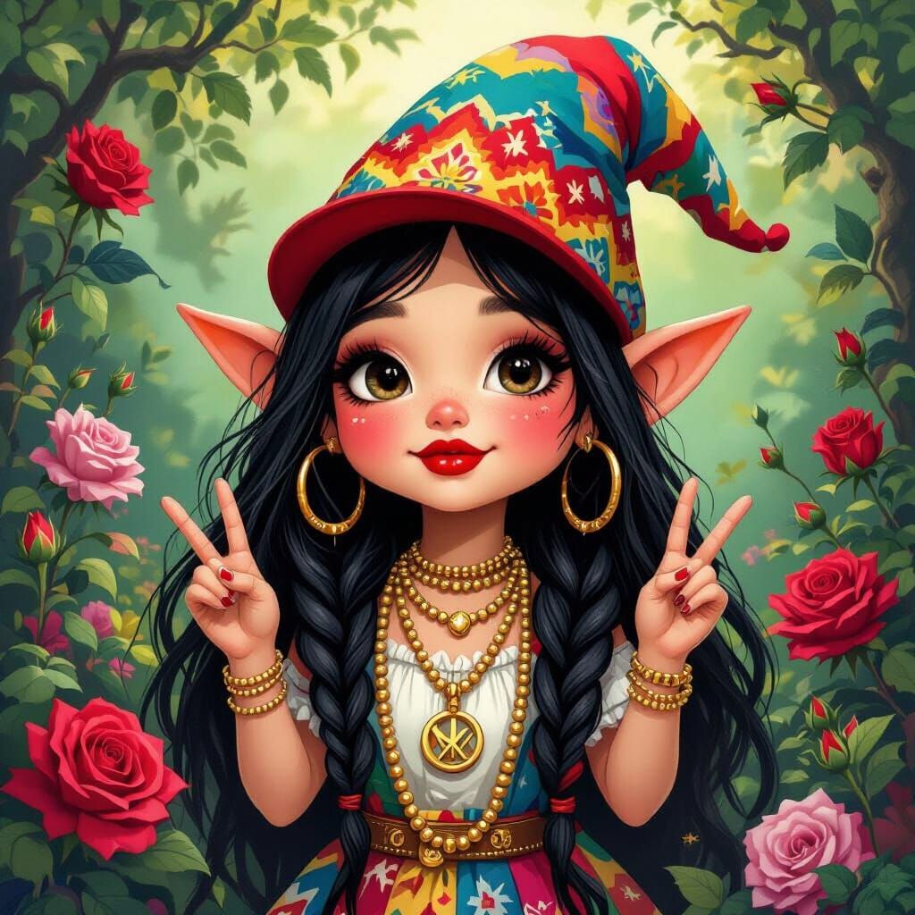 Whimsical Mexican Gnome Girl in Rose Forest