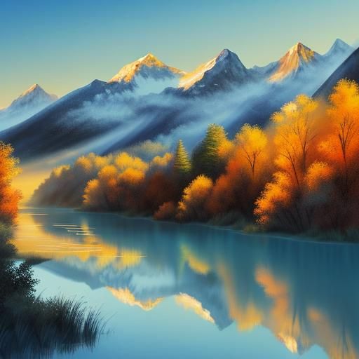 Mountain Draws Woman on River: Vibrant Digital Art