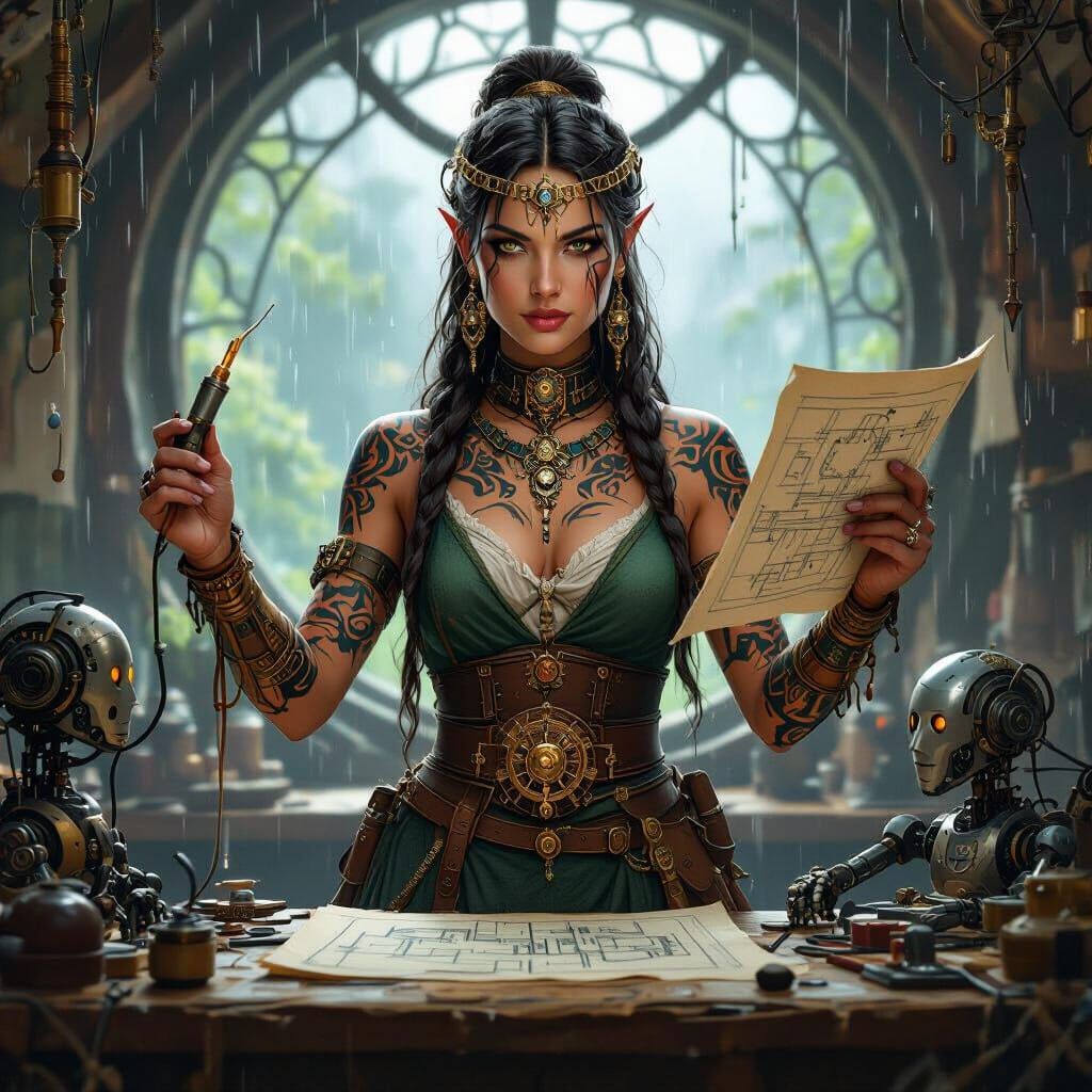 Celtic Queen in Workshop, Hyperrealistic Art Nouveau