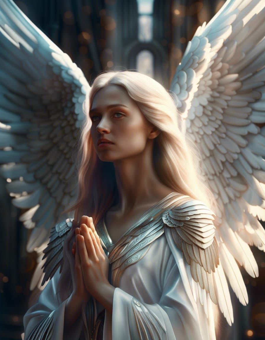 Beautiful Angel with White Wings Praying