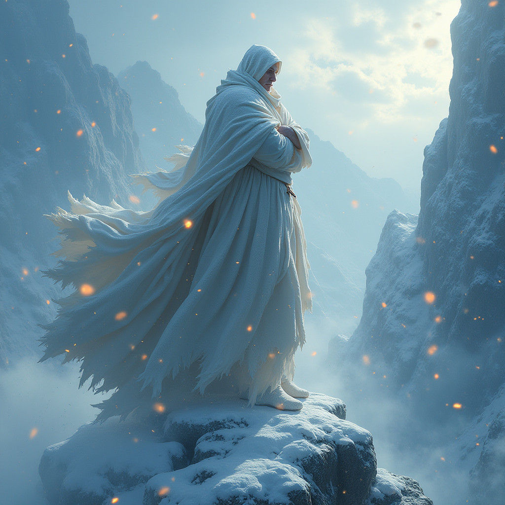 Heroic Figure Amidst Blizzard on Snowy Peak