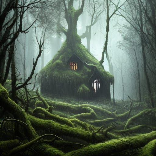 High Gothic Horror Forest Hut in Dark Fantasy Style