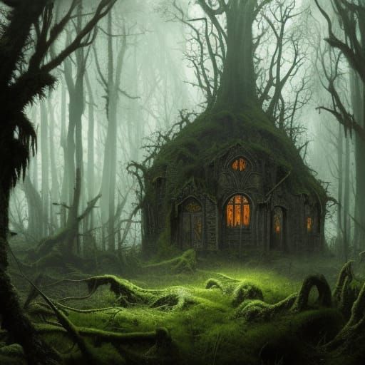 Gothic Horror Forest Hut in Dark Fantasy Style