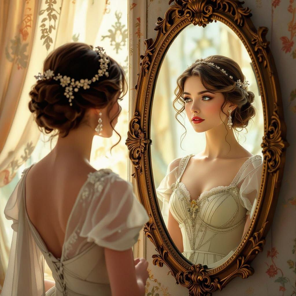 Woman Gazing in Mirror with Art Nouveau Reflection