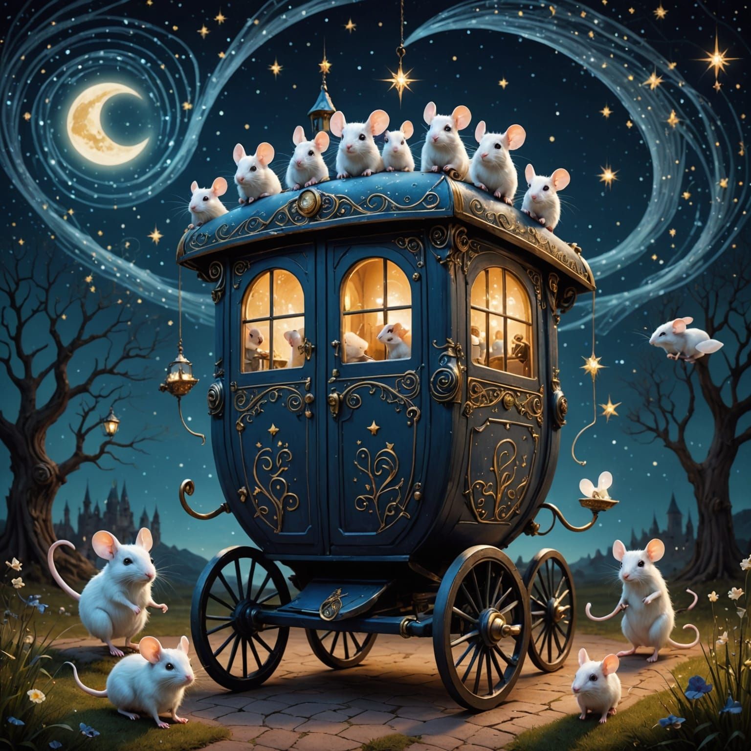Toilet Carriage Pulled by Spectral Mice in Starry Sky