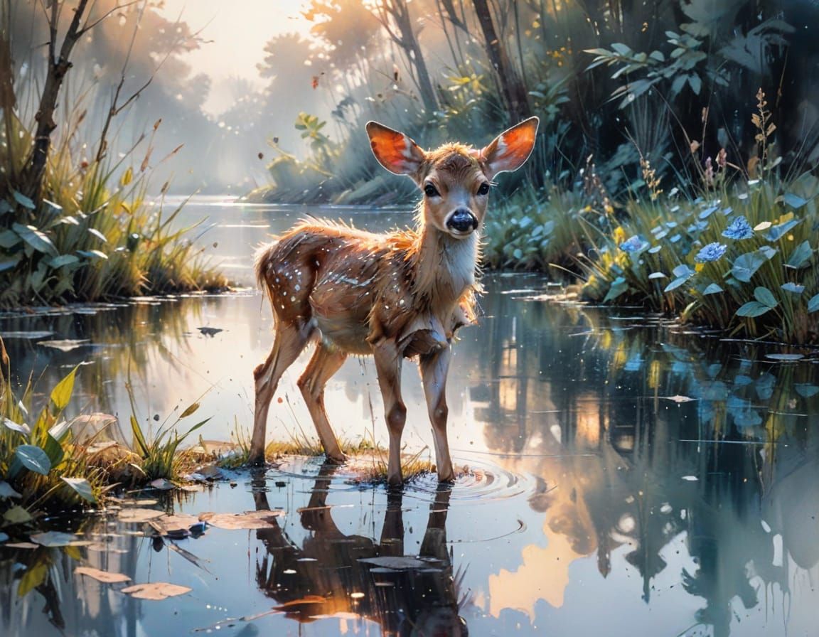 Fawn Drinking at Dawn: Neo-Impressionist Oil Painting