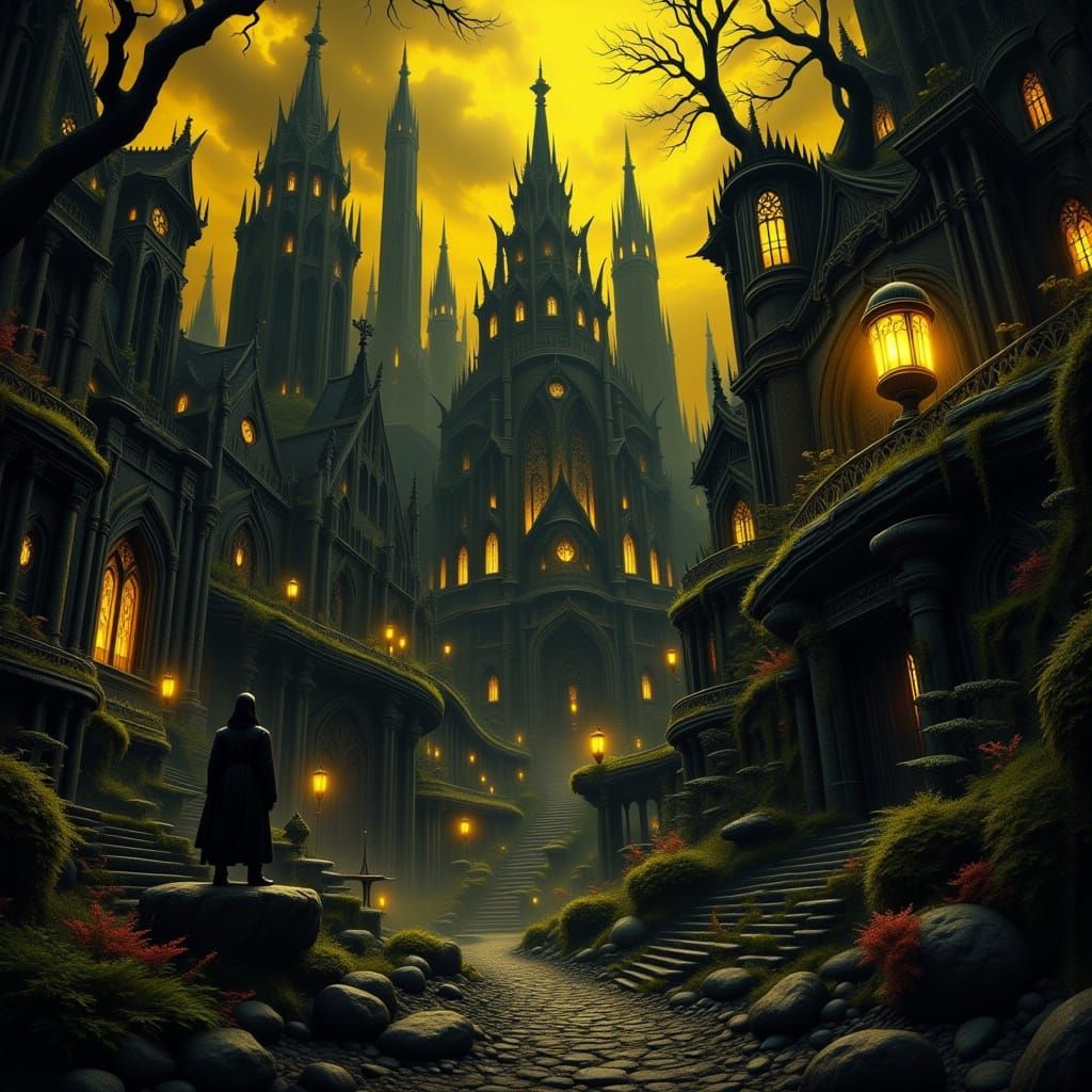 Black and Yellow Fantasy City with Gothic Architecture