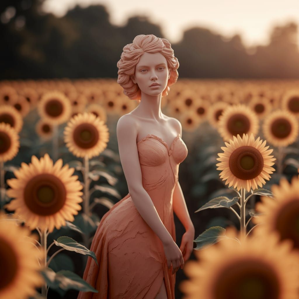 Clay Woman in Sunflower Field: Soft, Warm Art
