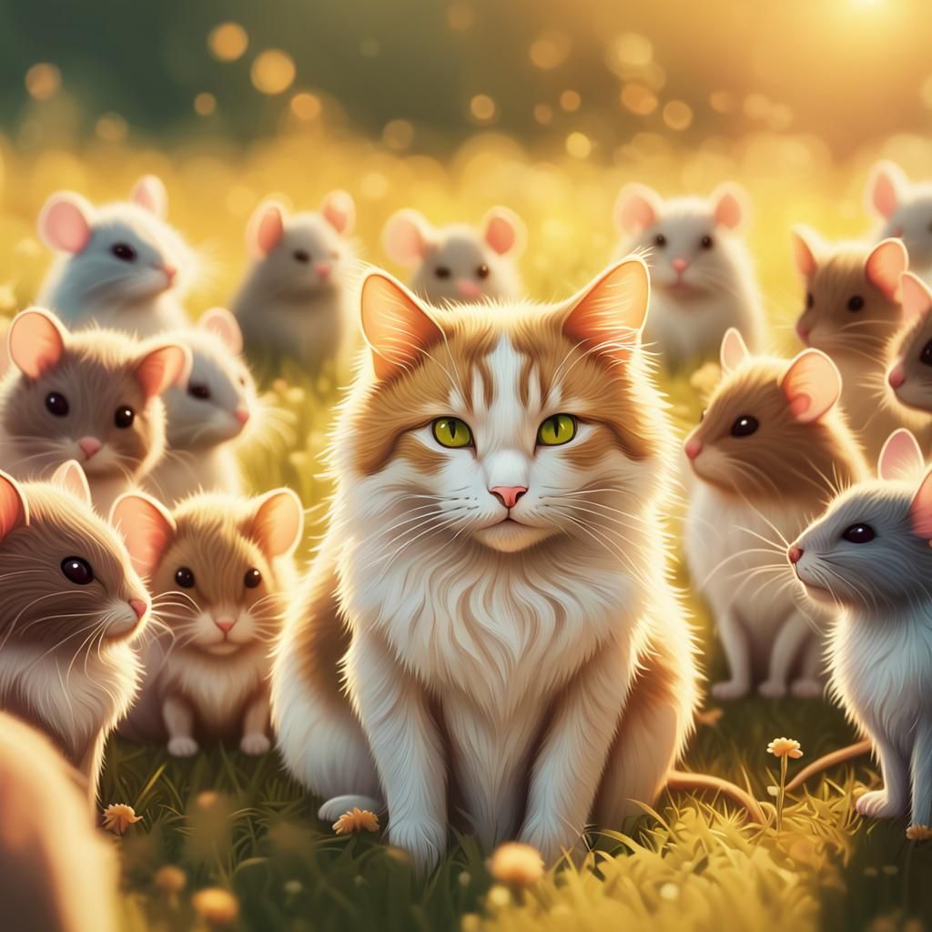 Sad Cat Among Mice in Sunlit Meadow: Digital Art