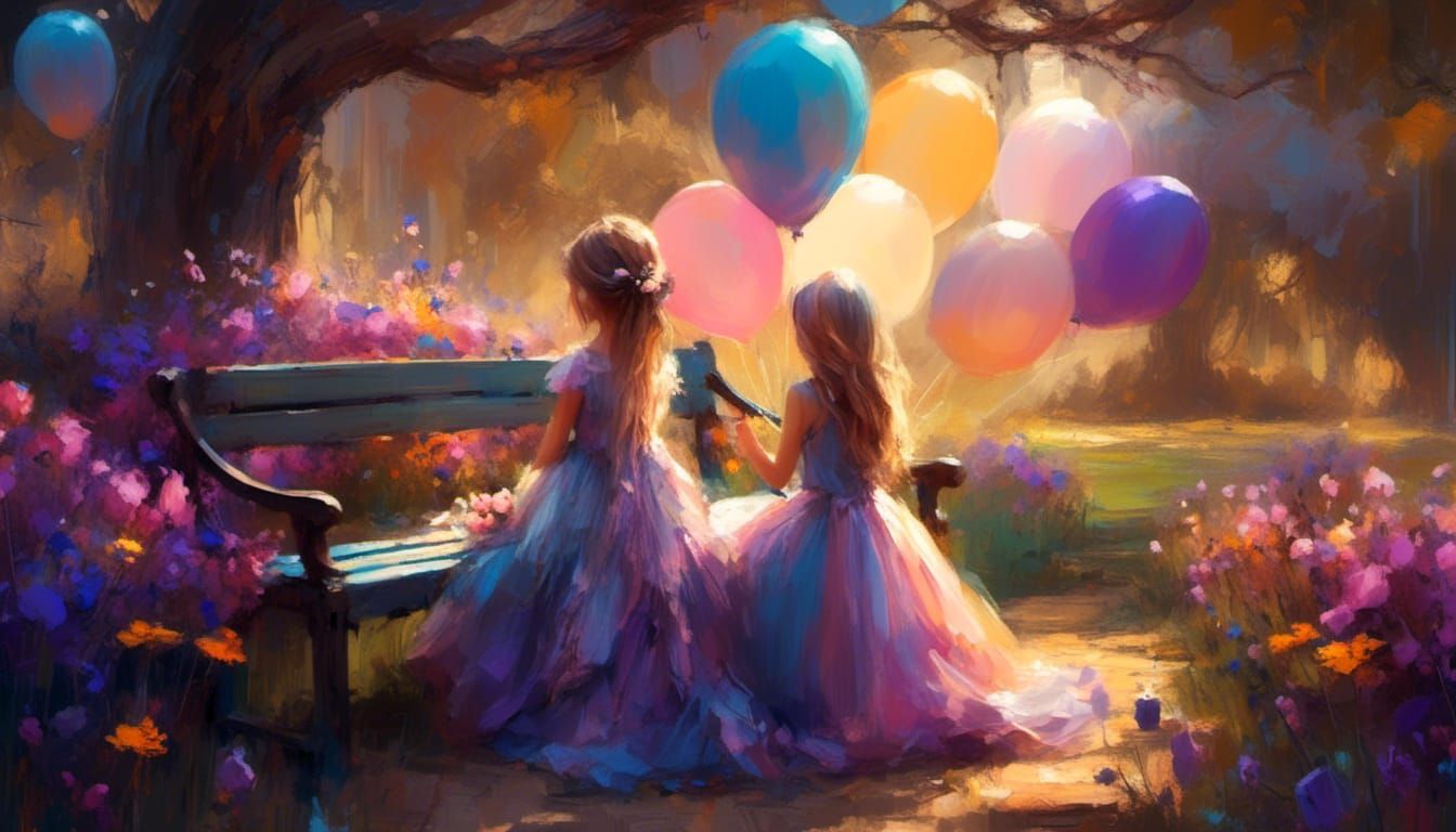 Little Girl with Balloons in Magical Garden